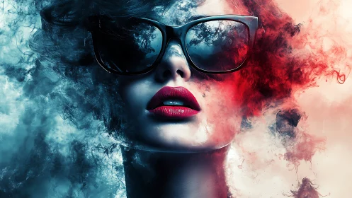 Woman in sunglasses framed by blue and red smoke textures.