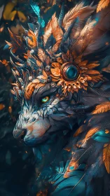 Mystic feathered wolf crowned in glowing woodland light.
