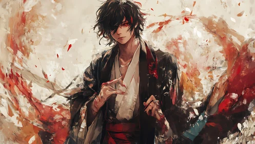 Crimson petal sorcerer amid swirling painted winds.