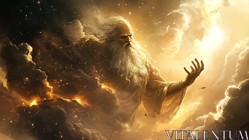 Storm-browed sky elder sculpts galaxies from molten dawn