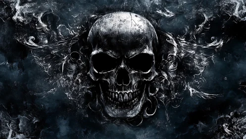 Central human skull rendered in monochrome digital abstraction