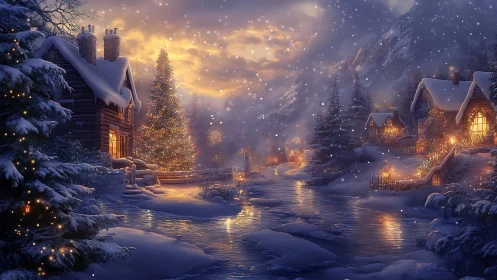 Luminous alpine cabins beside reflective winter river at dusk.