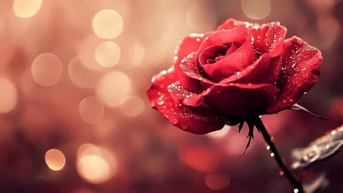 Crimson Rose in Dewdrops: Nature's Jeweled Romance.