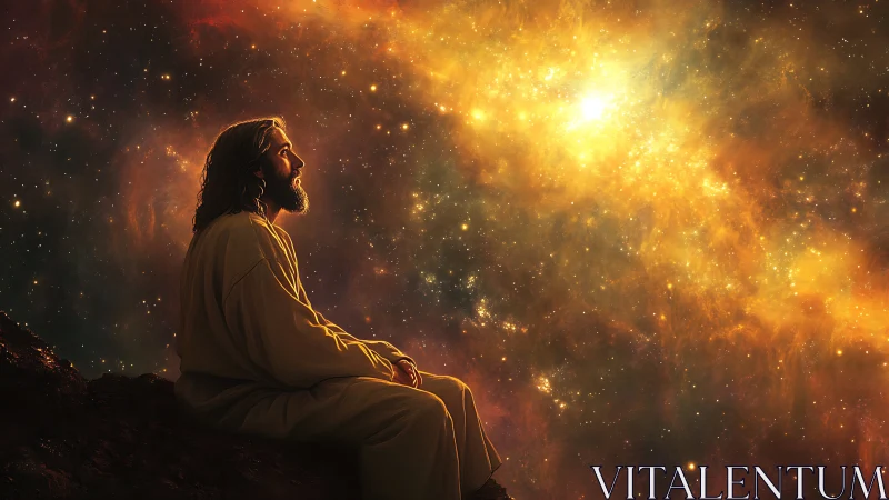 Stargazing prophet bathed in swirling golden nebula light.