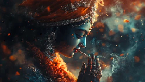 Blue-skinned figure in ornate jewelry playing a flute profile.