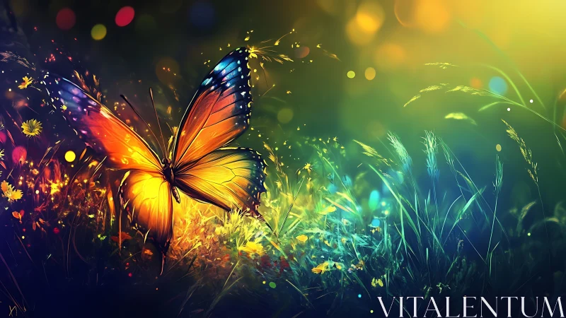 Glowing butterfly illuminates vivid meadow at twilight