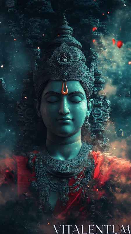 Mythic stone deity in nebular plume with emissive tilaka mark.