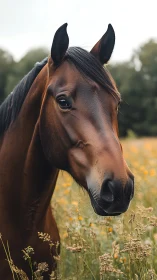 Chestnut horse portrait in soft meadow light. Period.