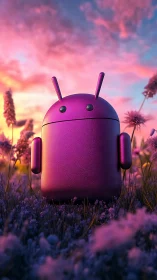 Neon android daydreams in a cotton candy twilight meadow.