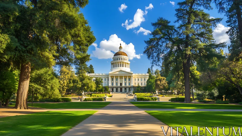 Sunlit capitol dome presides over emerald parkway calm