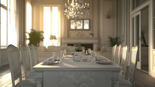 Formal dining room table is set in an elegant interior