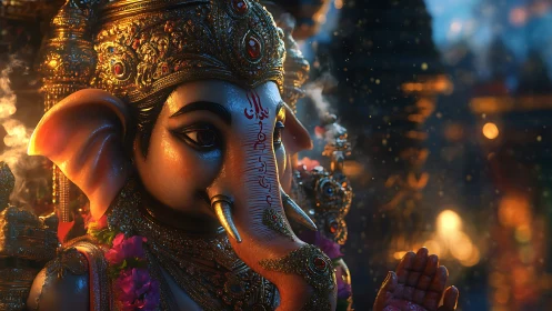 Golden Ganesha in glowing temple light, richly adorned.