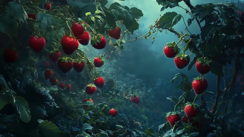 Strawberry plants hanging in a dim, misty forest scene.