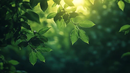 Sunlit Green Leaves in a Forest with Soft Focus Background.