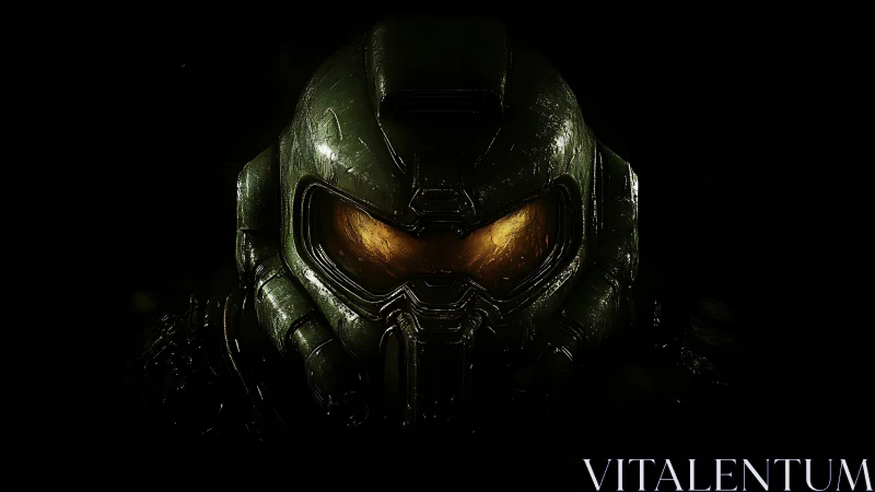 Armored sci fi helmet glows with intense golden visor light