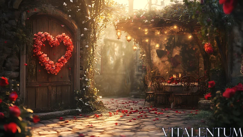 Courtyard with Heart-Shaped Floral Wreath and Evening Illumination.