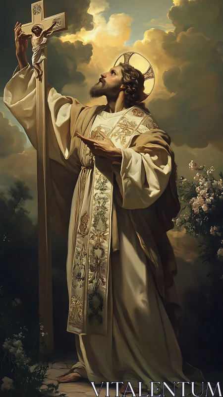Golden-robed saint lifts radiant crucifix through stormlight.