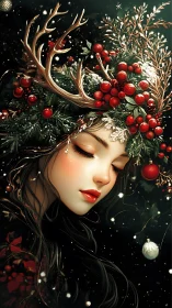 Female portrait with antler wreath and winter foliage.