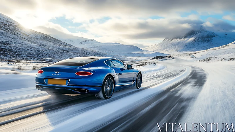 Blue luxury coupe driving on snowy mountain highway.