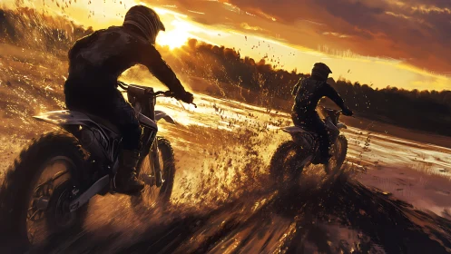 Sunset mud-flare racers carve liquid fire across the shore