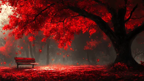 Red maple tree canopy over empty park bench in forest.