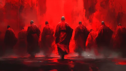 Monks walk forward through dense red mist in loose robes.