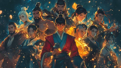 Martial heroes stand united amid swirling golden embers.