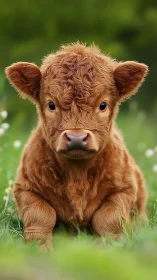 Highland calf resting in green meadow, front view portrait.