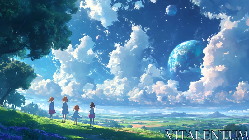 Four girls watch distant planets above bright summer fields