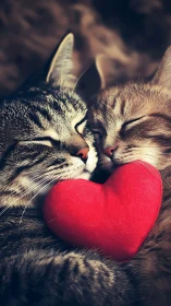 Tabby Cats with Red Heart Shape in Warm Golden Light.