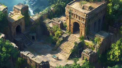 Stone ruin courtyard with twin stairways in dense jungle