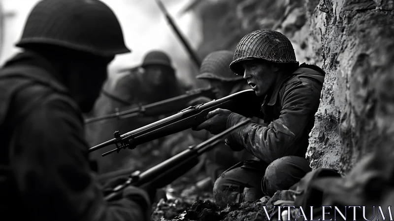 World War infantry squad under fire in gritty trench combat.