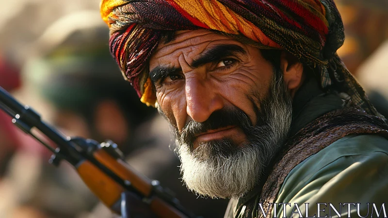 Weathered fighter gazes intensely amid sunlit conflict
