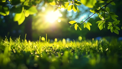 Sunlit Grass and Green Leaves in a Lush, Peaceful Garden Setting.