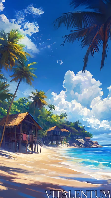 Tropical Beach Settlement with Palm Fronds