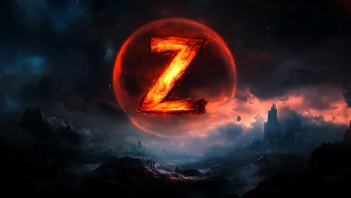 Fiery Z planet over dark fantasy landscape at night.