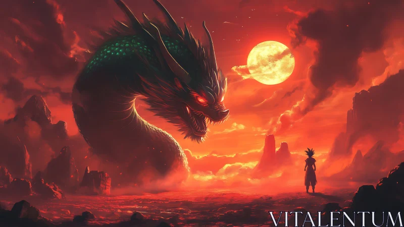 Dragon and lone warrior in red moonlit volcanic landscape.