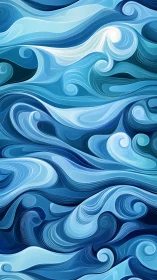Fluid oceanic wave patterns in layered cyan and deep blues.