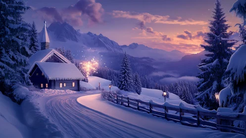 Snowlit chapel road curling into violet mountain hush.