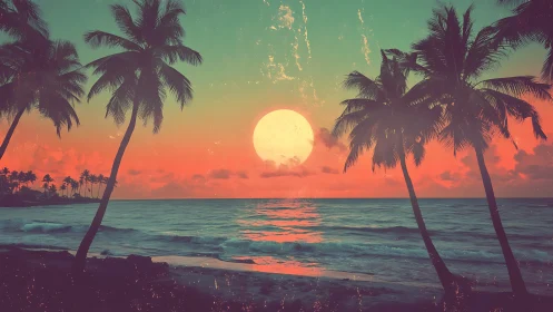 Neon tropical sunset seascape with silhouetted palm trees.