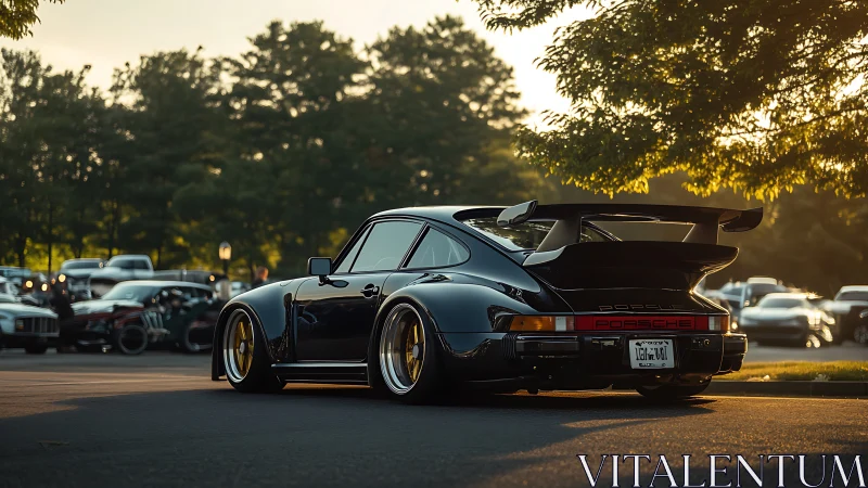 Classic Porsche 911 Turbo gleams at golden hour car meet.
