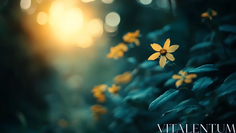 Yellow Flowers Glowing in Twilight Garden