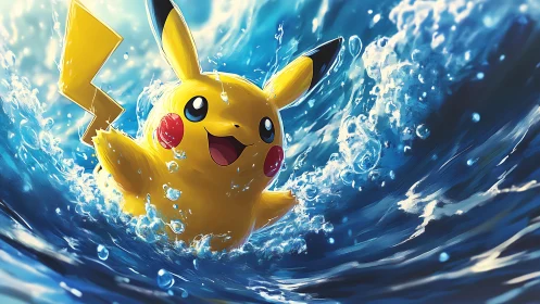 Electric creature rides dynamic ocean wave in vivid light