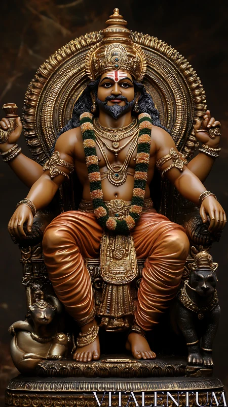 Seated multi-armed deity statue with ornate throne and lions.