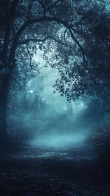 Enchanted Forest Pathway Through Misty Blue Woodland