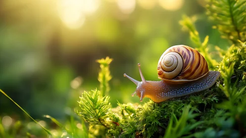Snail moves across mossy ground in warm backlit sunlight