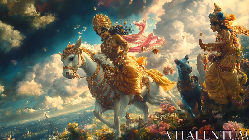 Divine riders crossing celestial floral clouds in gold armor.