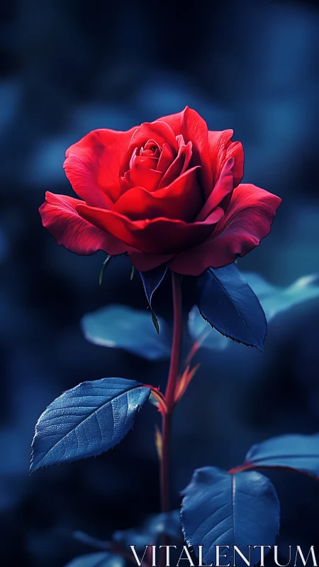 Red Rose Blooms Against Deep Blue Shadows.