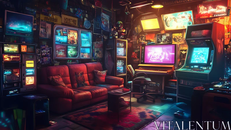 Retro gaming den with neon arcade machines and sofa.