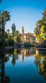 Spanish-style tower and waterfront garden with reflections.